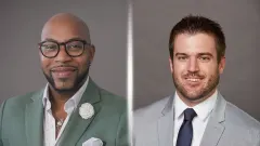 on the left black man in suit and glasses, on the right white man in suit