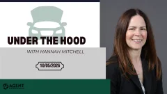 Smiling woman in suit jacket with Under the Hood video series emblem on the left