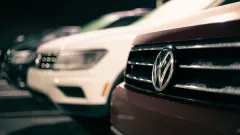 Zoomed in shot of front of Volkswagen car.
