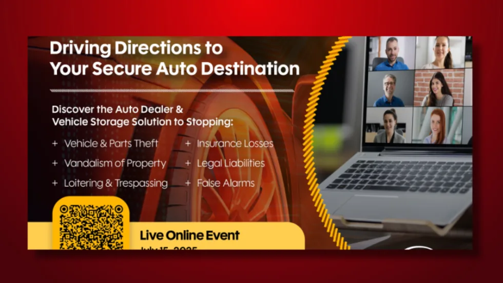 Graphic for July 15, 2025 webinar “Driving Directions to Your Secure Auto Destination,” listing vehicle theft, vandalism, insurance losses, and other security risks with a laptop meeting image.