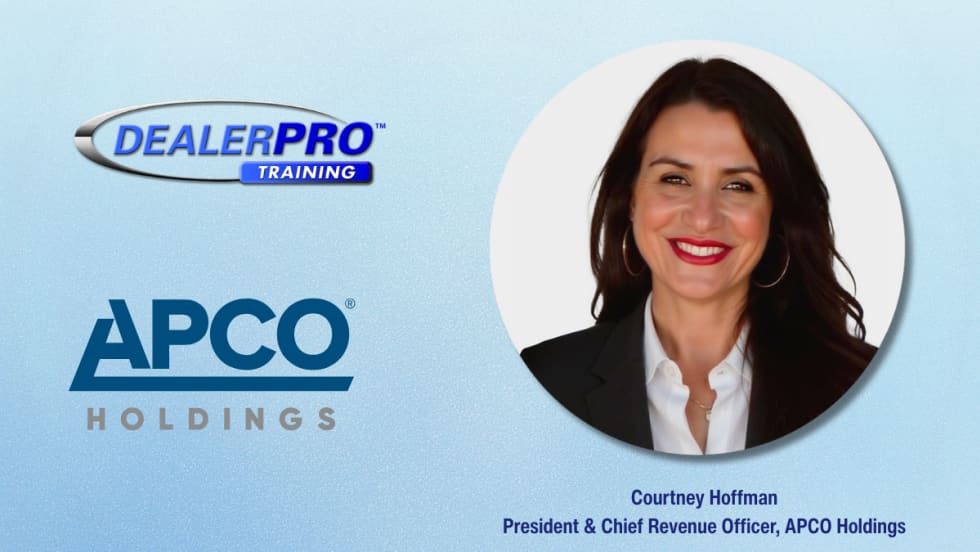 Graphic showing the DealerPRO Training and APCO Holdings logos alongside a headshot of Courtney Hoffman, President and Chief Revenue Officer of APCO Holdings.
