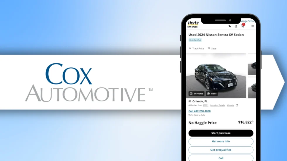 A smartphone displaying a Hertz Car Sales online listing sits beside the Cox Automotive logo, illustrating Cox’s new omnichannel car-buying platform.