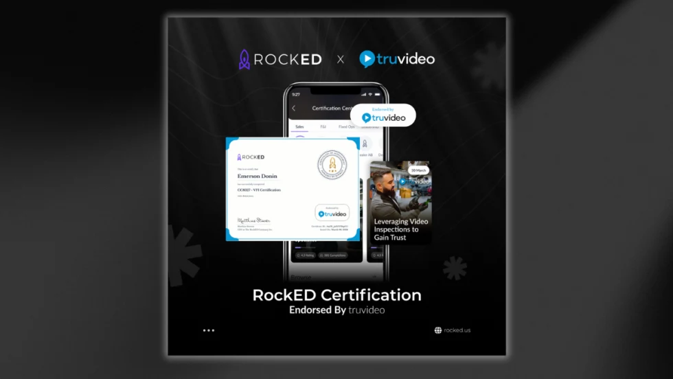 RockED and TruVideo graphic promoting a video inspection certification program for automotive students.