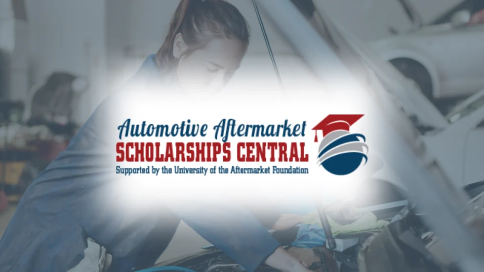 Automotive Aftermarket Scholarships Central logo over a background of a technician working under a vehicle hood.