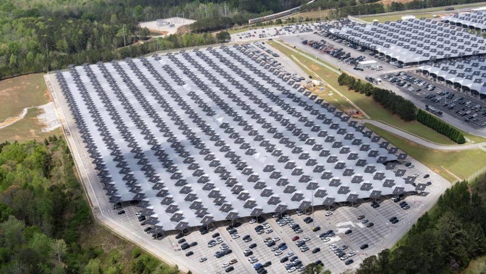 aerial view of Kia Georgia's West Point manufacturing plant with the new solar canopy installed