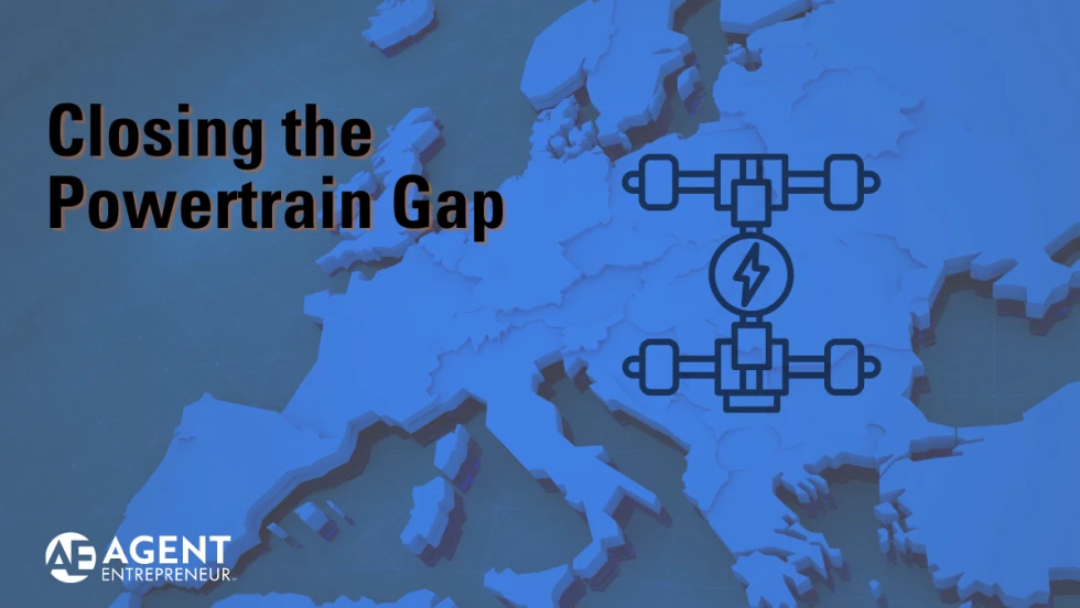 blue map of Europe with outline of an electric vehicle powertrain on top, Closing the Powertrain Gap, Agent Entrepreneur