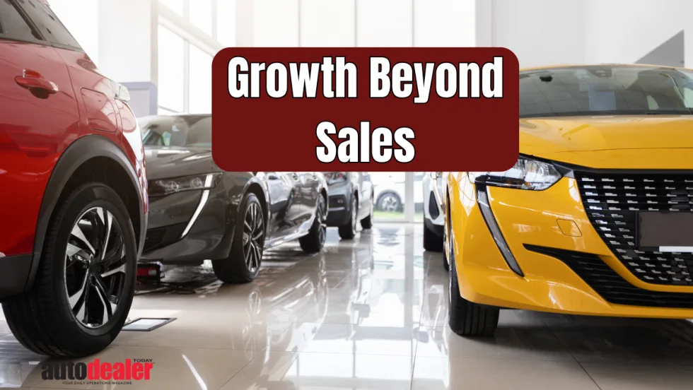 red, black, and yellow car in a car dealership showroom, Growth Beyond Sales text box, Auto Dealer Today logo