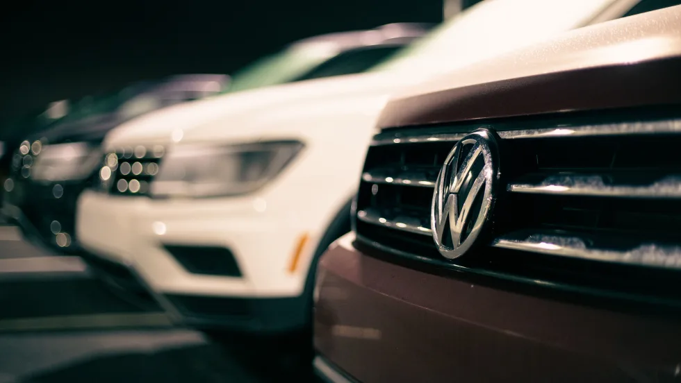 Zoomed in shot of front of Volkswagen car.