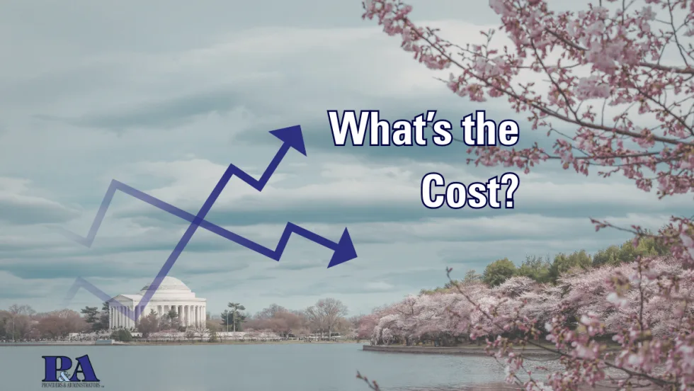 background view of Washington D.C. with the capitol building and cherry trees. Text says 'What's the Cost?' with two diverging arrows and the Providers and Administrator's logo