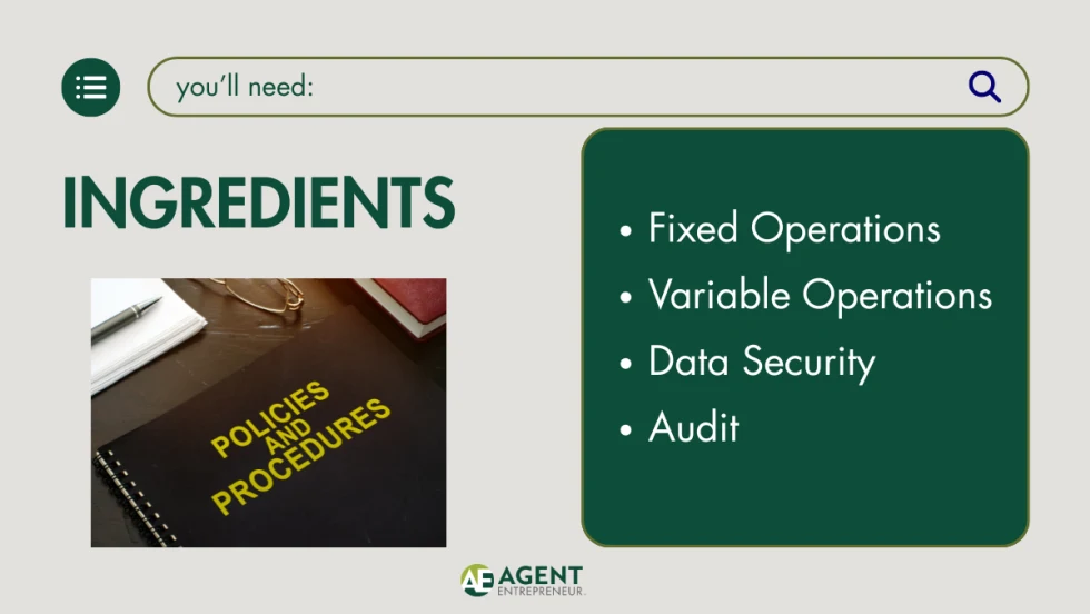 Ingredient card, policies and procedures, fixed operations, variable operations, data security, audit