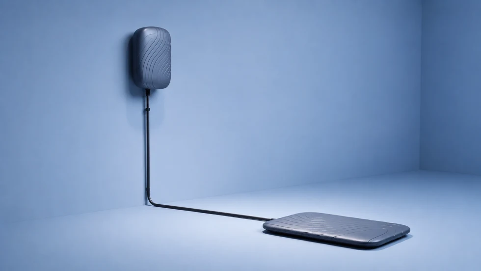 Gray electric vehicle charger unit with pad-like wall and ground pieces connected to each other