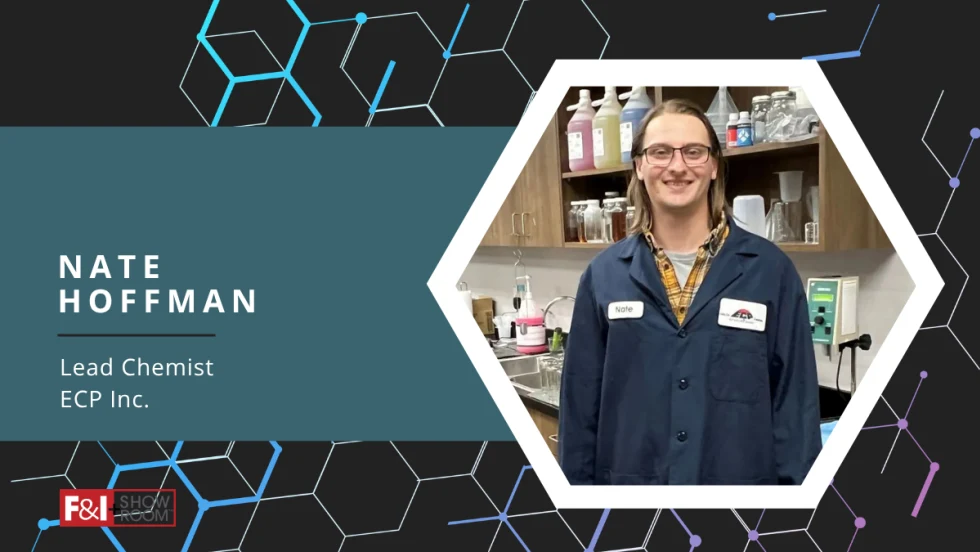 black background with chemistry symbols in blue and white, blue box with white text Nate Hoffman Lead Chemist ECP Inc., F&I and Showroom