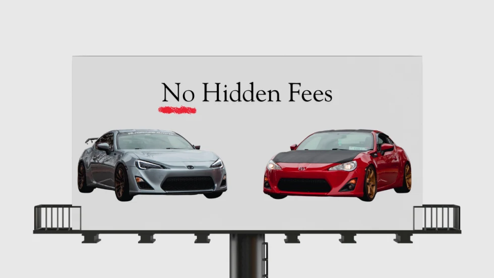 two cars on a billboard, No Hidden Fees