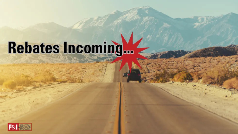 desert road with cars driving away, Rebates Incoming with red star graphic, F&I and Showroom logo