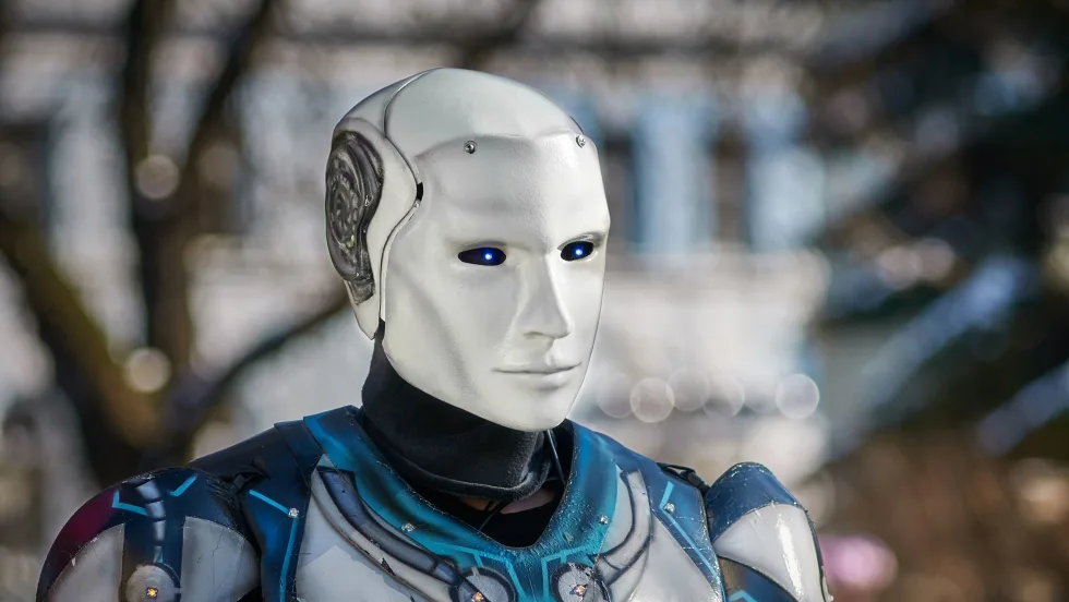 Photo of a humanoid robot's chest, shoulders and head