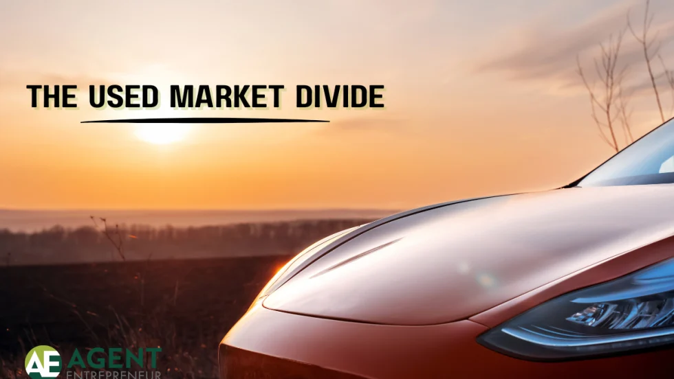 red car parked in front of a sunset, The Used Market Divide, Agent Entrepreneur 