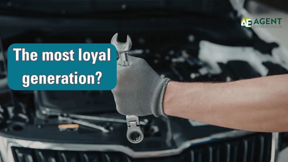 car with hood open, an arm holding a wrench, The most loyal generation text, Agent Entrepreneur logo