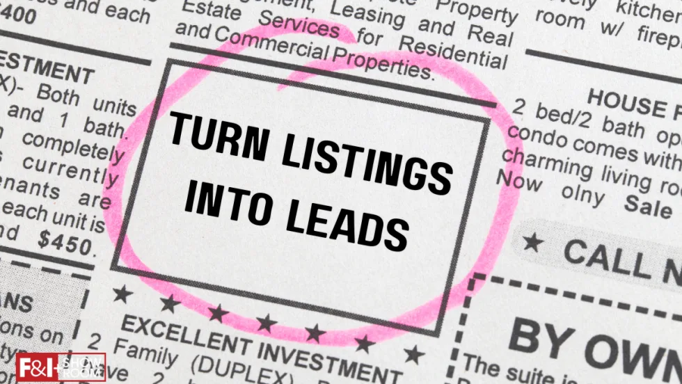 newspaper advertisement circled in pink, Turn Listings into Leads, F&I and Showroom