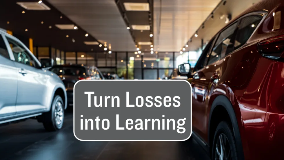 inside car dealership, text box Turn Losses into Learning, Auto Dealer Today