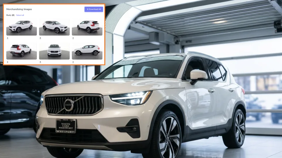 Photo of white SUV in garage with graphic explaining car photo process