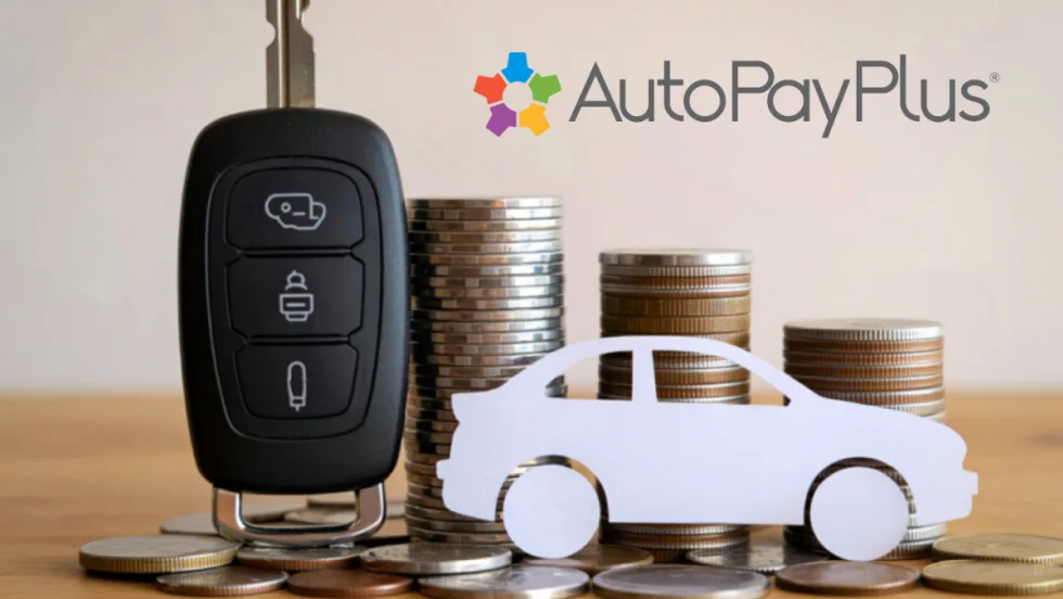 Car key, stacks of coins, and a paper car cutout with AutoPayPlus logo, representing auto financing, loan terms, and vehicle affordability trends.
