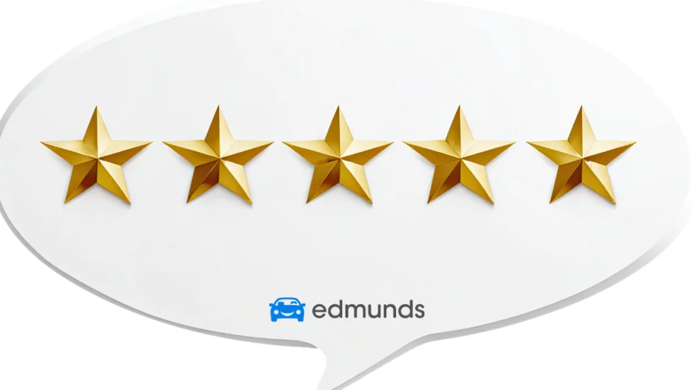 five gold stars on a speech bubble with Edmunds logo on the bottom