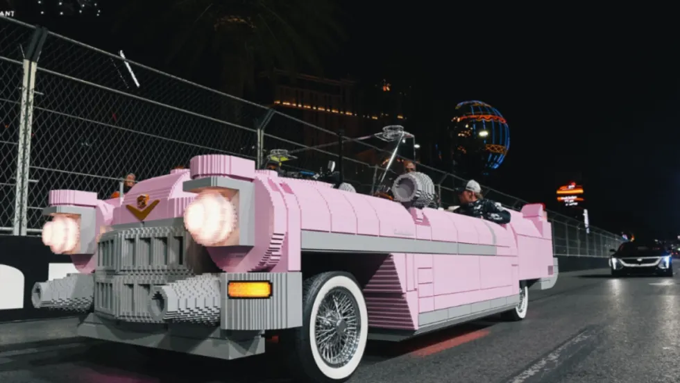 Pink 1950s Cadillac Fleetwood convertible with a body made out of LEGO pieces 