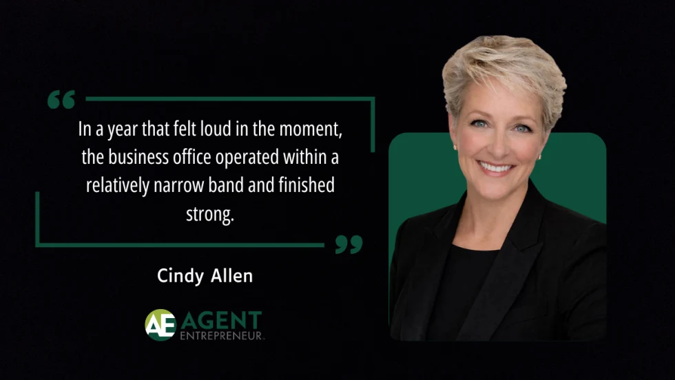 Headshot of Cindy Allen with a quote about the business office finishing the year strong, Agent Entrepreneur branding.