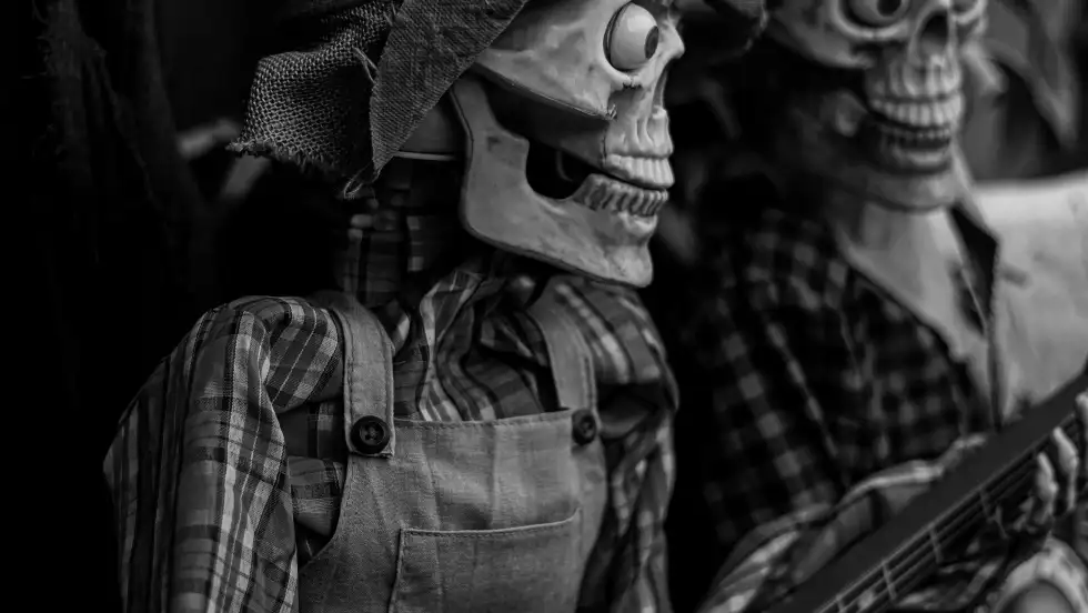 Photo of two skeletons playing banjos