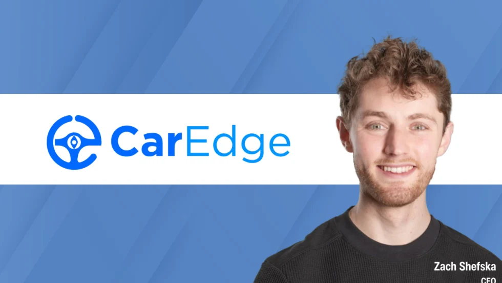 Headshot of Zach Shefska, CEO of CarEdge, alongside the CarEdge logo on a blue background.