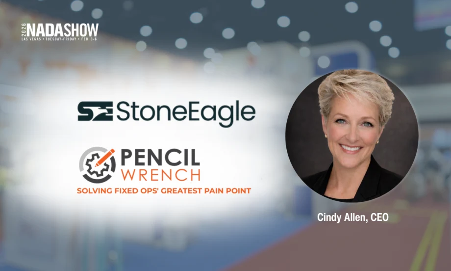 StoneEagle and Pencilwrench branding displayed with a headshot of CEO Cindy Allen alongside NADA Show 2026 event information.