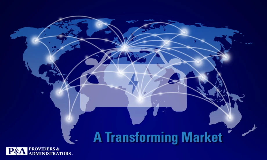 blue background, map of the world with connecting lights and an electric vehicle emblem in the middle