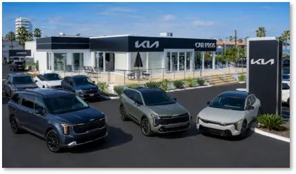 outside of car dealership with cars parked in front
