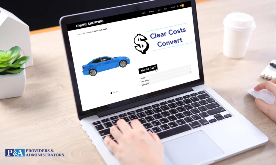 laptop with blue car on screen on a shopping website, Clear Costs Convert