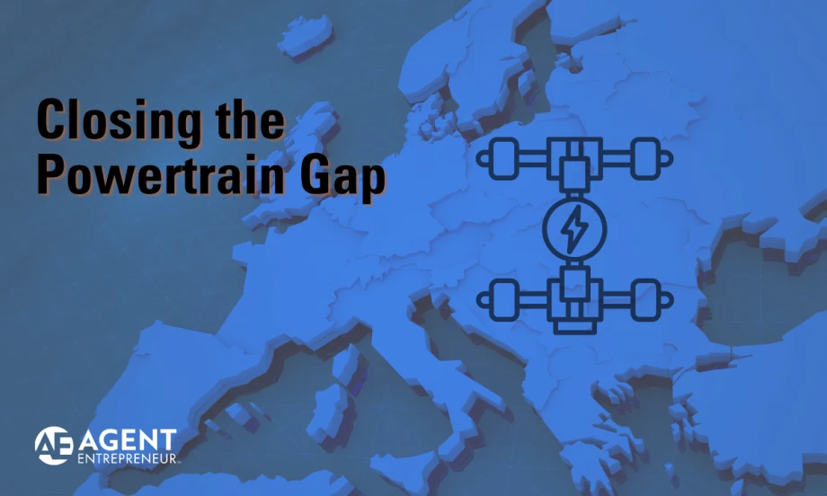 blue map of Europe with outline of an electric vehicle powertrain on top, Closing the Powertrain Gap, Agent Entrepreneur