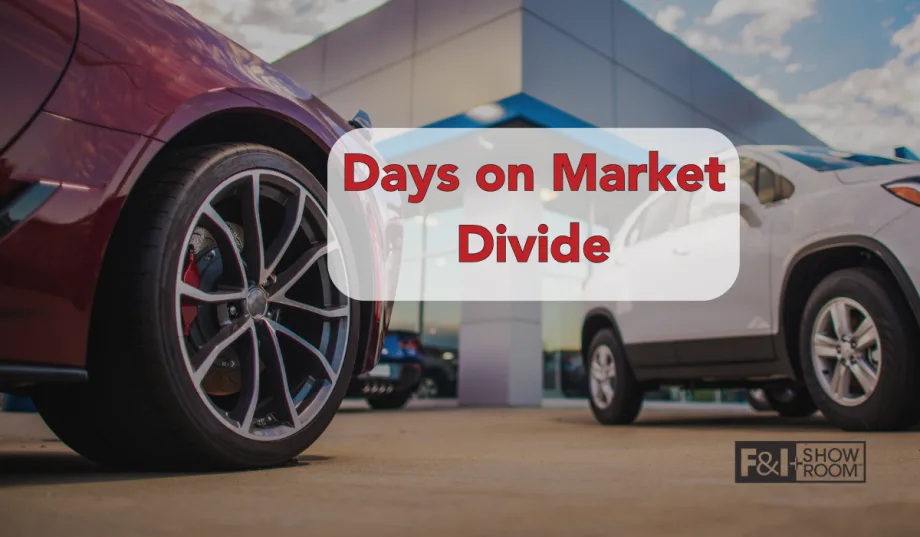 red and white car in front of a car dealership with text Days on Market Divide and logo for F&I and Showroom