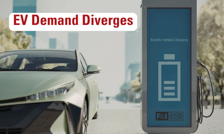 electric vehicle next to an urban charging station. EV Demand Diverges. F&I and Showroom logo