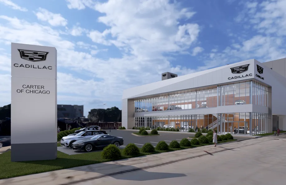 Outside of a Cadillac dealership.