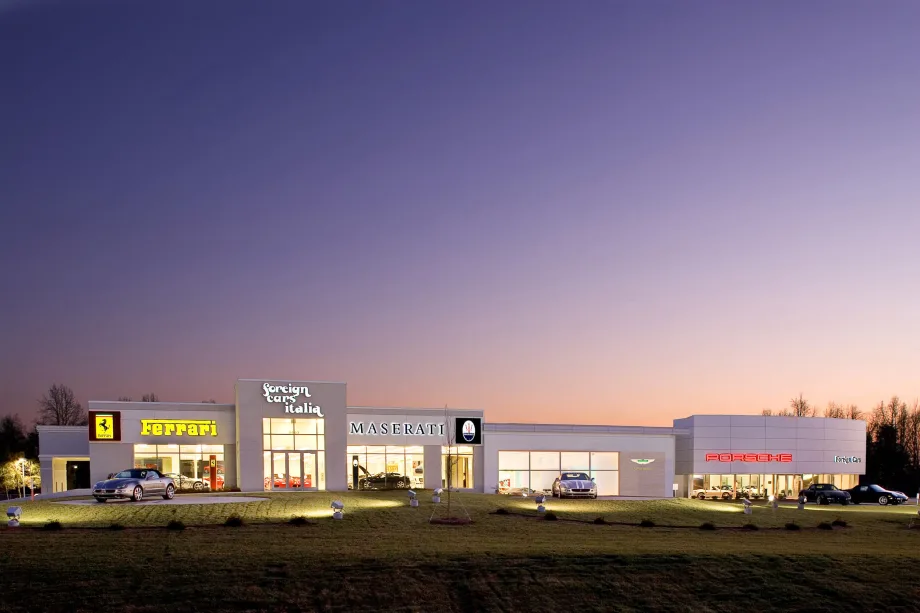 Foreign Cars Italia dealership store in front of sunset