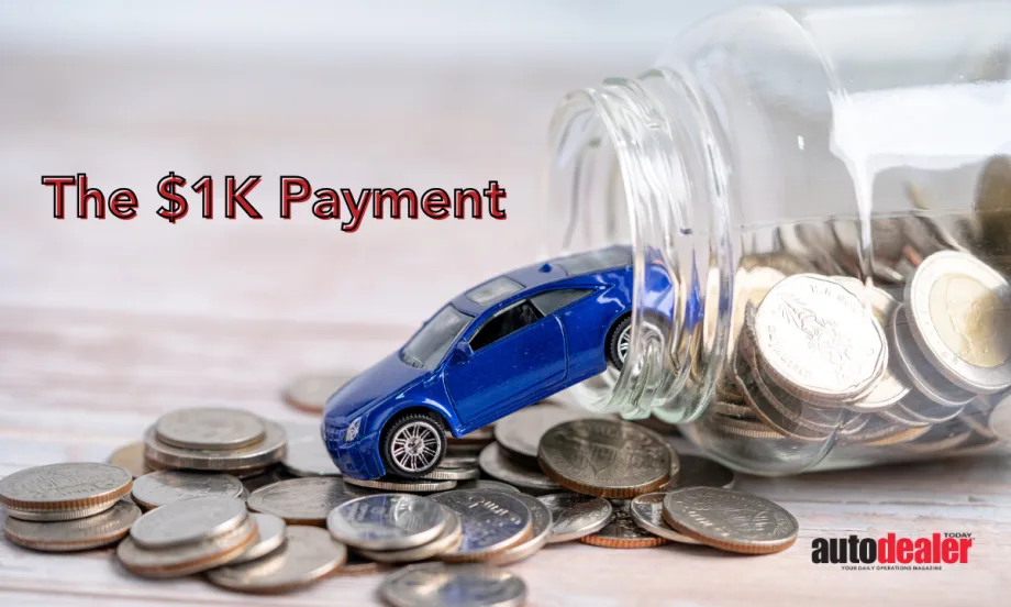 Tiny toy car falling out of jar of coins. “The $1K Payment”