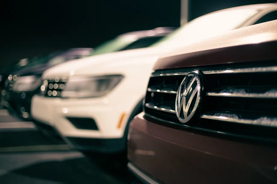 Zoomed in shot of front of Volkswagen car.