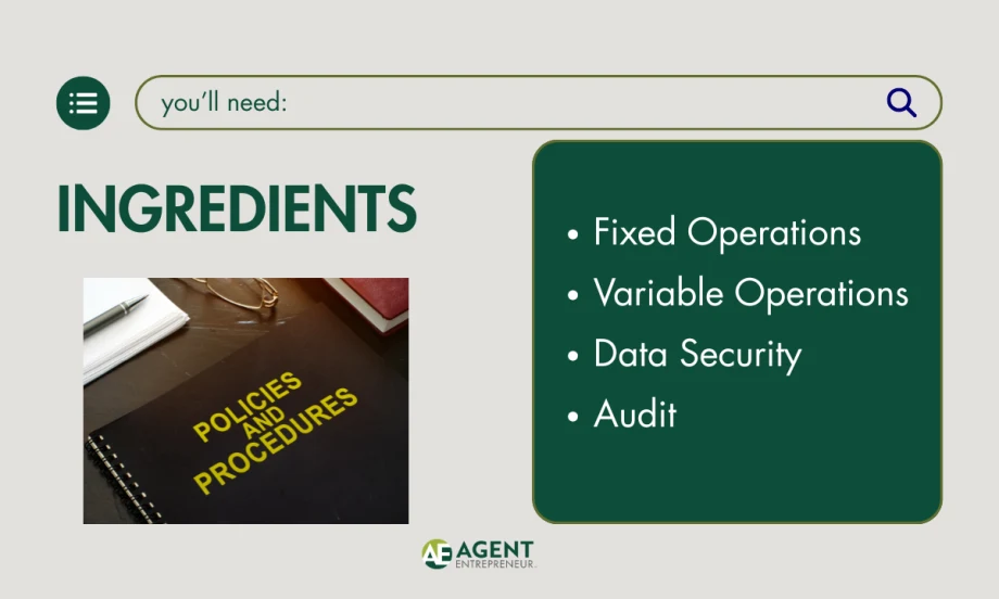 Ingredient card, policies and procedures, fixed operations, variable operations, data security, audit