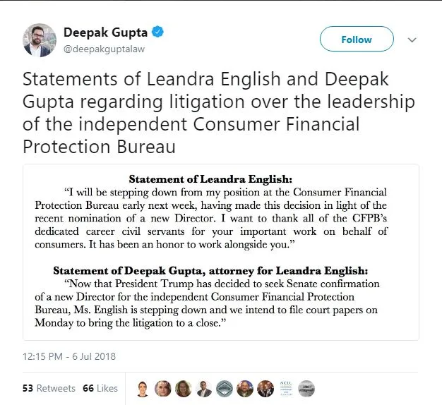 CFPB Official Who Sued Trump Resigns, Drops Suit