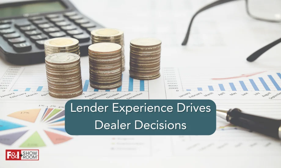 stacks of coins, a calculator, paperwork, and a pair of glasses in the background, text Lender Experience Drives Dealer Decisions, F&I and Showroom
