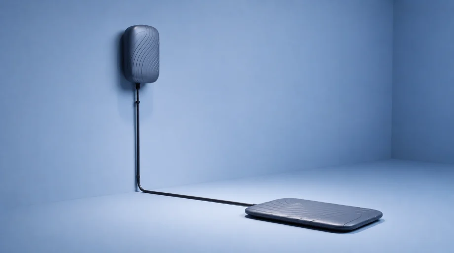 Gray electric vehicle charger unit with pad-like wall and ground pieces connected to each other