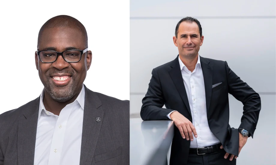 split picture. on the left is a black man wearing a suit and glasses. on the right is a white man wearing a suit.