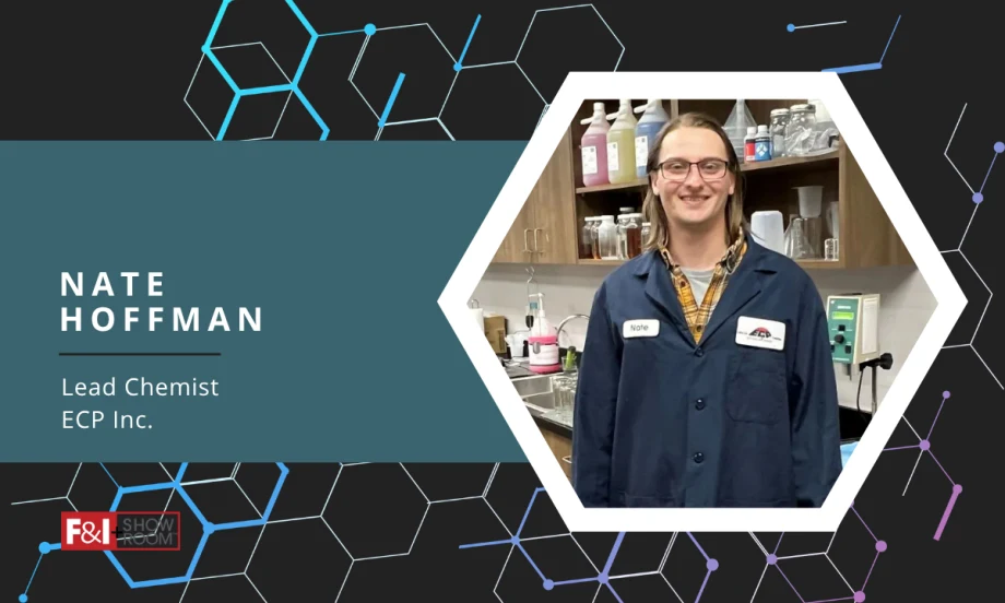 black background with chemistry symbols in blue and white, blue box with white text Nate Hoffman Lead Chemist ECP Inc., F&I and Showroom
