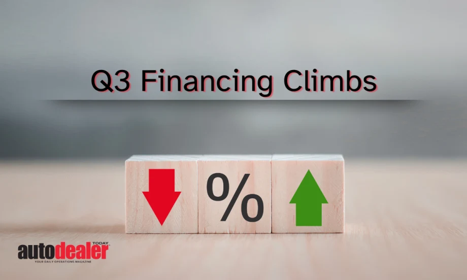 Q3 Financing Climbs, red arrow pointing down, percentage symbol, green arrow pointing up, Auto Dealer Today