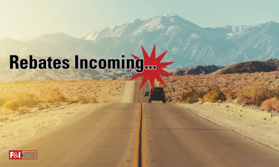 desert road with cars driving away, Rebates Incoming with red star graphic, F&I and Showroom logo