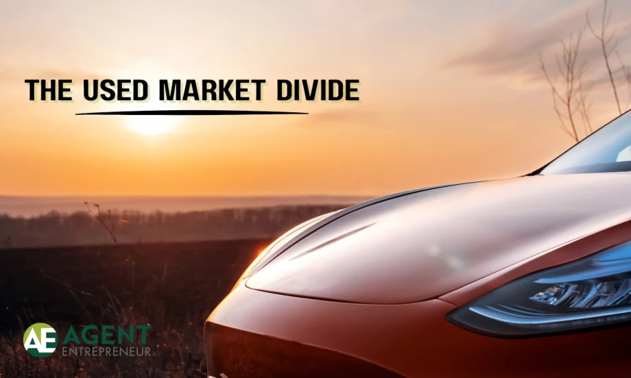 red car parked in front of a sunset, The Used Market Divide, Agent Entrepreneur